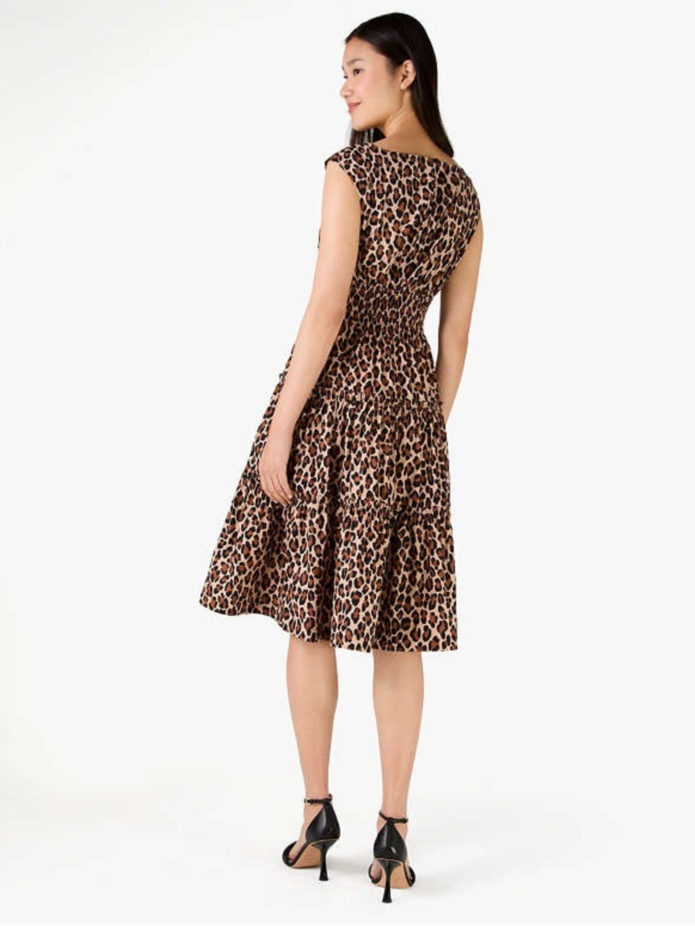 Kate Spade Spotted Leopard Blaire Midi Dress Smocked Waist Tiered Cotton Size M - Picture 2 of 9